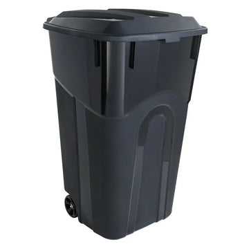 32 Gallon Trash Can with Attached Lid, Heavy Duty Wheeled Plastic Garbage Bin, Black