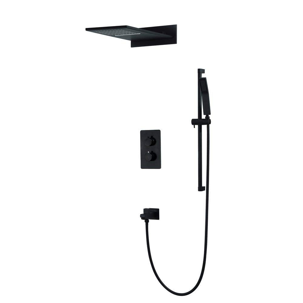 Shower System,Thermostatic Waterfall Rain Shower Sets Bathroom Luxury Shower System with High Pressure Waterfall Rainfall Shower Head + Black Hand Shower Head, Shower Set