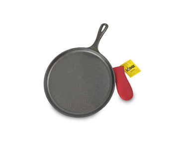 Lodge Round Seasoned Cast Iron Griddle with Red Silicone Handle Holder - Heavy Duty Flat Cooking Pan for Breakfast Favorites & Everyday Cooking - 10.5 Inches