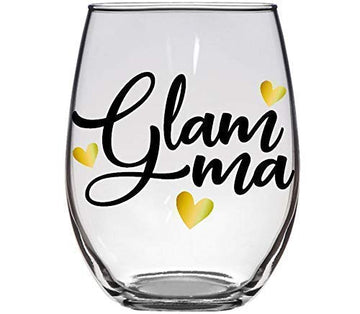 Glamma - Cute Present for Glam Ma Fancy, Glamorous, Gorgeous, Too Young To Be A, Glam-ma Birthday Present - Premium 21oz Stemless Wine Glass - Birthday Gift for Grandma