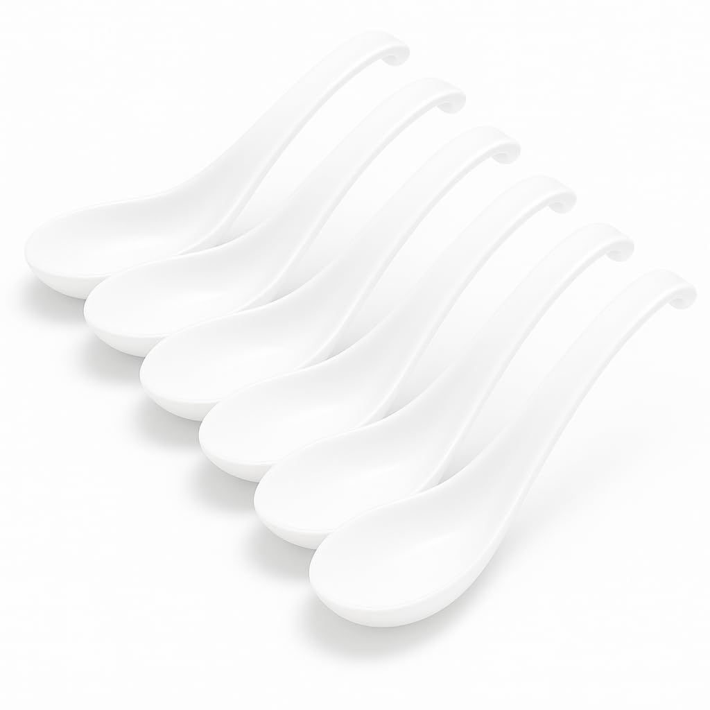 Asian Soup Spoons Set - Durable Melamine Spoon for Ramen, Miso, Japanese & Chinese Soups - Comfortable Grip, Dishwasher Safe & Long-Lasting - Perfect for Home & Restaurant Use | One Set/ 6PCS
