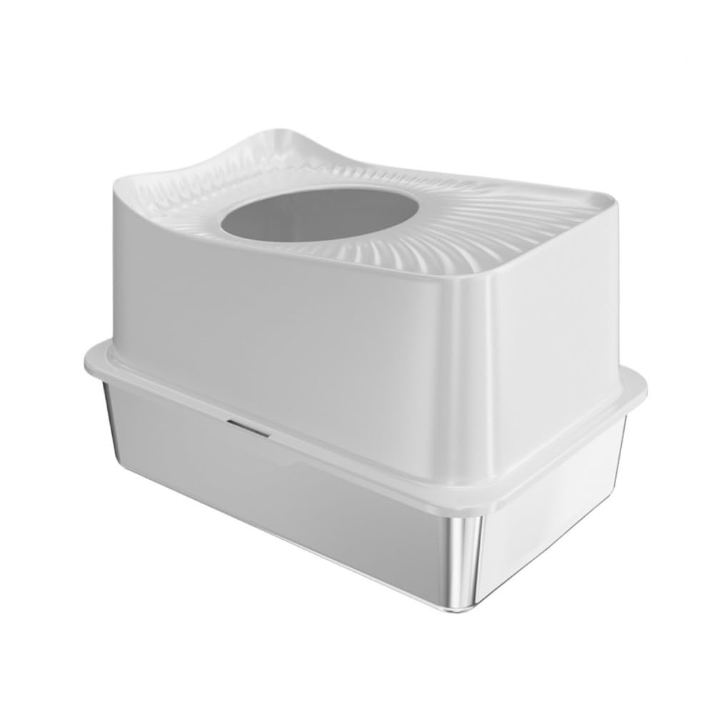 Pet Supplies, Stainless Steel Top Entry Cat Litter Box with Lid & Scoop(White)