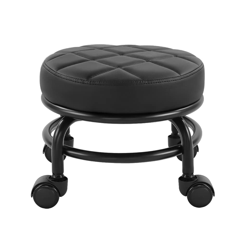 Furwoo Low Roller Seat Pu Leather Rolling Stool with Wheels for Manicure, Mechanic,home Office, Garage Shop Black, one size