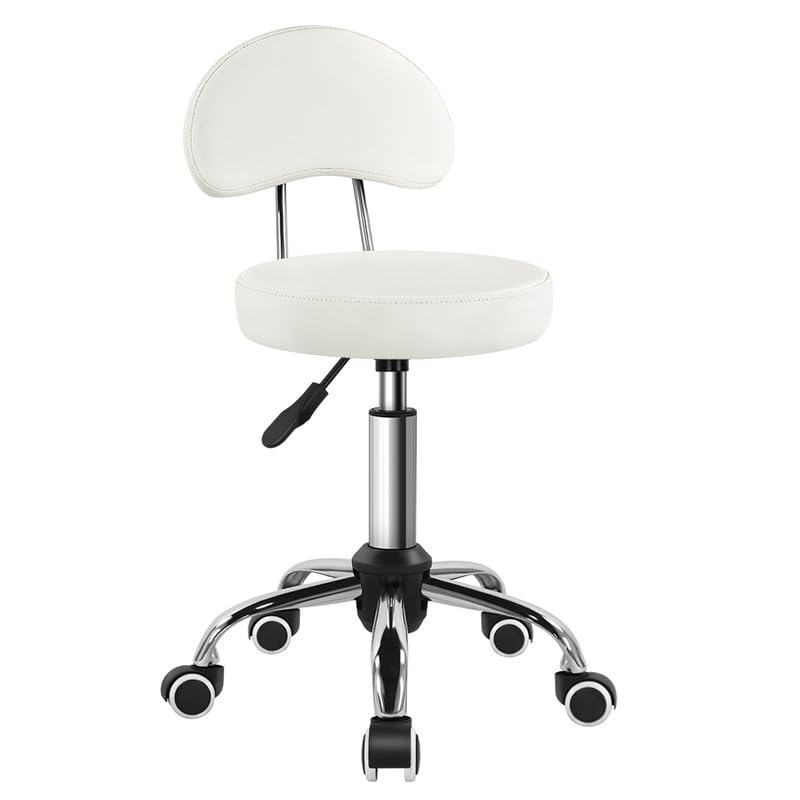 Kktoner Rolling Stool with Mid Back Height Adjustable Chair Pu Leather Swivel Chair with Wheels for Office Home Task Drafting (white)