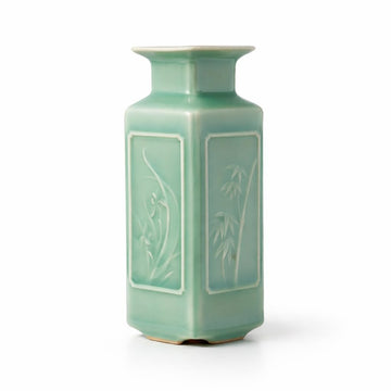 Ceramic Bud Vase, 5.5” Handmade Celadon Small Square Vase, Sage Green Single Stem Holder for Shelf Decor, Desk Decor for Women