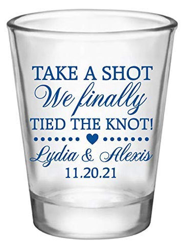 Personalized wedding favor shot glasses, take a shot we finally tied the knot, wedding favors for guests in bulk, custom shot glasses
