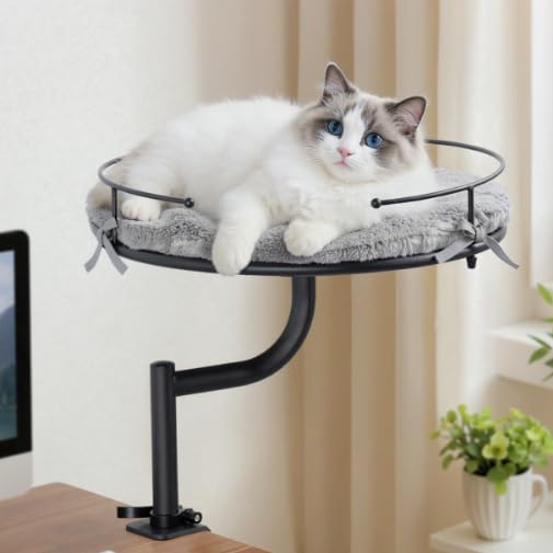 Cat Desk Bed, 360°Rotation & Height Adjustable Cat Bed for Desk Holds up to 40lbs, Machine-Washable Plush Cover