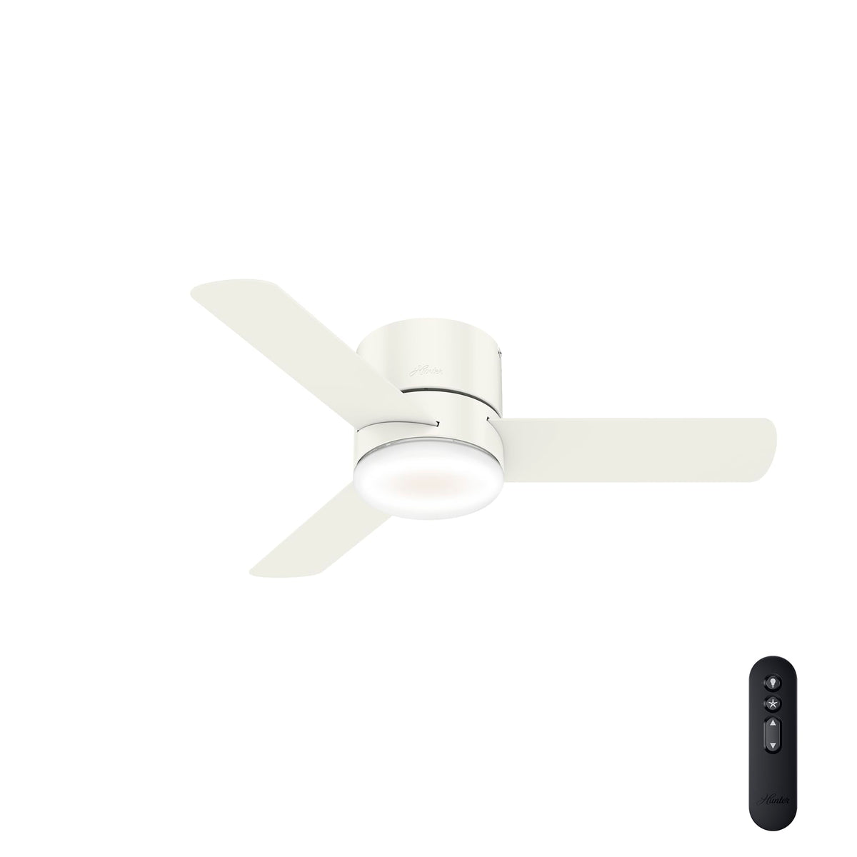 Hunter 44 inch Indoor Ceiling Fan with Light and Remote Control - For Bedroom or Living Room, Low Profile Flush Mount, White Modern Ceiling Fan with LED Light, 3 Blades - Minimus 59452, Fresh White