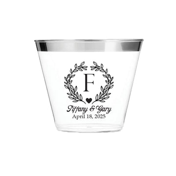 Personalized Elegant Monogram 9oz Gold or Silver Rimmed Clear Plastic Cups for Wedding, Anniversary, Engagement Party or Any Dinner Party Favors. Simple and Luxurious with the ease of disposable, BPA-