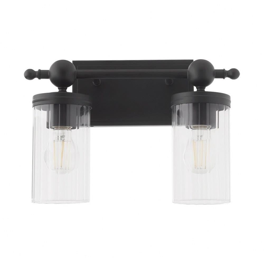Quorum International Lee Boulevard 2-Light Vanity | Matte Black Finish | Clear Fluted Glass | Transitional Beaded Detail Bathroom Light | Dual Medium Base | 14.75" W x 10" H | 560-2-59
