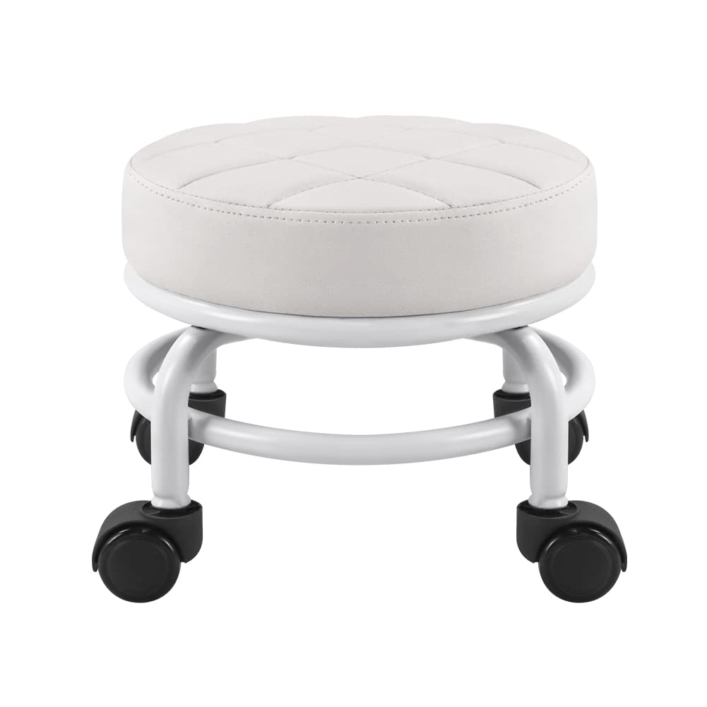 Furwoo Low Roller Seat Pu Leather Rolling Stool Step Stool Mechanic Stool on Wheels for Home Office Garage Shop White, one size