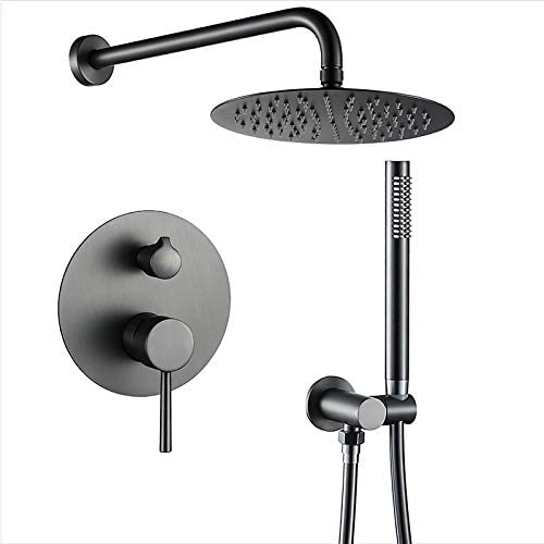 Rain Brushed Gray Rain Mixer Shower Combo Set Wall Mounted Bathroom Shower Faucet Set with Round Shower Head, Handheld Shower, Embedded Box