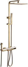 Thermostatic Shower Faucet Set, Rainfall Shower Head with Handheld, Antique Brass Bathroom Shower Fixture, Exposed Shower System with Dual Shower Head, Tub Spout and Hand Bidet SPR