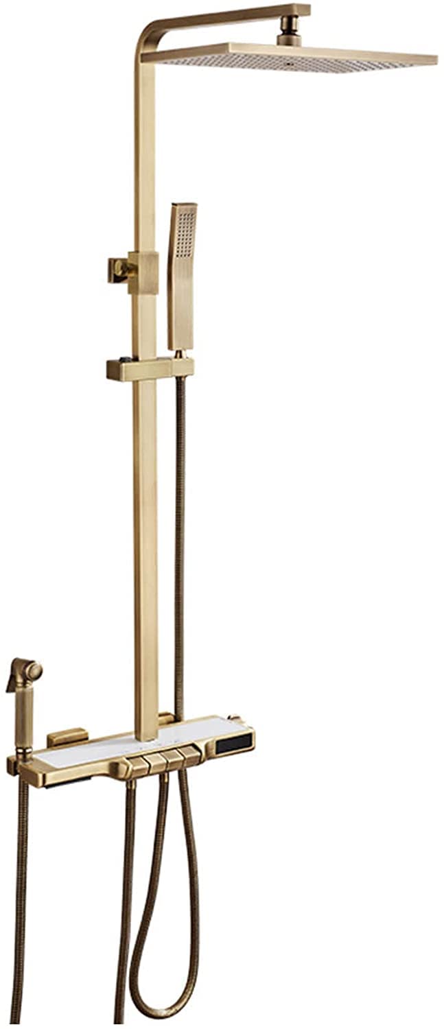 Thermostatic Shower Faucet Set, Rainfall Shower Head with Handheld, Antique Brass Bathroom Shower Fixture, Exposed Shower System with Dual Shower Head, Tub Spout and Hand Bidet SPR