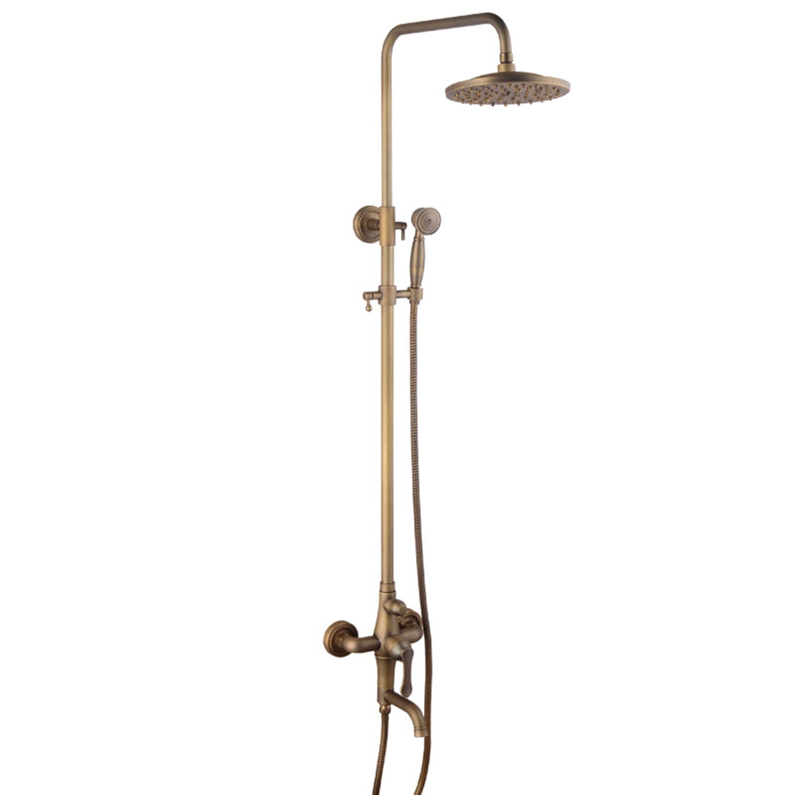 Antique Brass Shower Faucet Set Bathroom Rainfall Shower System with Swivel Tub Spout Wall Mounted Exposed Shower Fixture with Shower Head and Handheld Shower