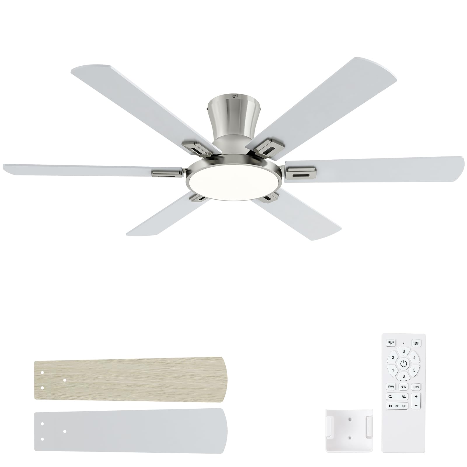 52 Inch Brushed Nickel Ceiling Fans with Lights and Remote,Flush Mount Low Profile 6 Blades Ceiling Fan with 10 Inch Lighting Fixture,Quiet Reversible DC Motor for Living Room,Bedroom and Patio