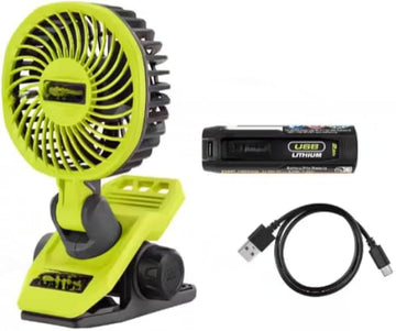 RYOBI USB Lithium Clamp Fan Kit with 2.0 Ah USB Lithium Battery and Charging Cable, GREEN (Renewed)