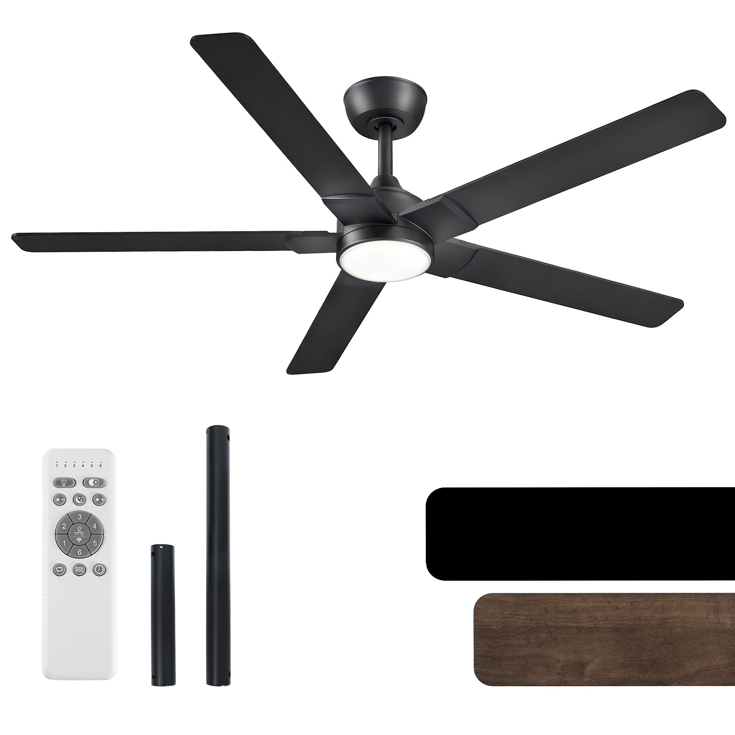 52 Inch Ceiling Fan, Downrod Ceiling Fans with Lights and Remote Control, Black, Reversible DC Motor, Noiseless, 5 Blades Double Style, 6CCT, Fans for Bedroom, Living Room, Indoor and Outdoor Use
