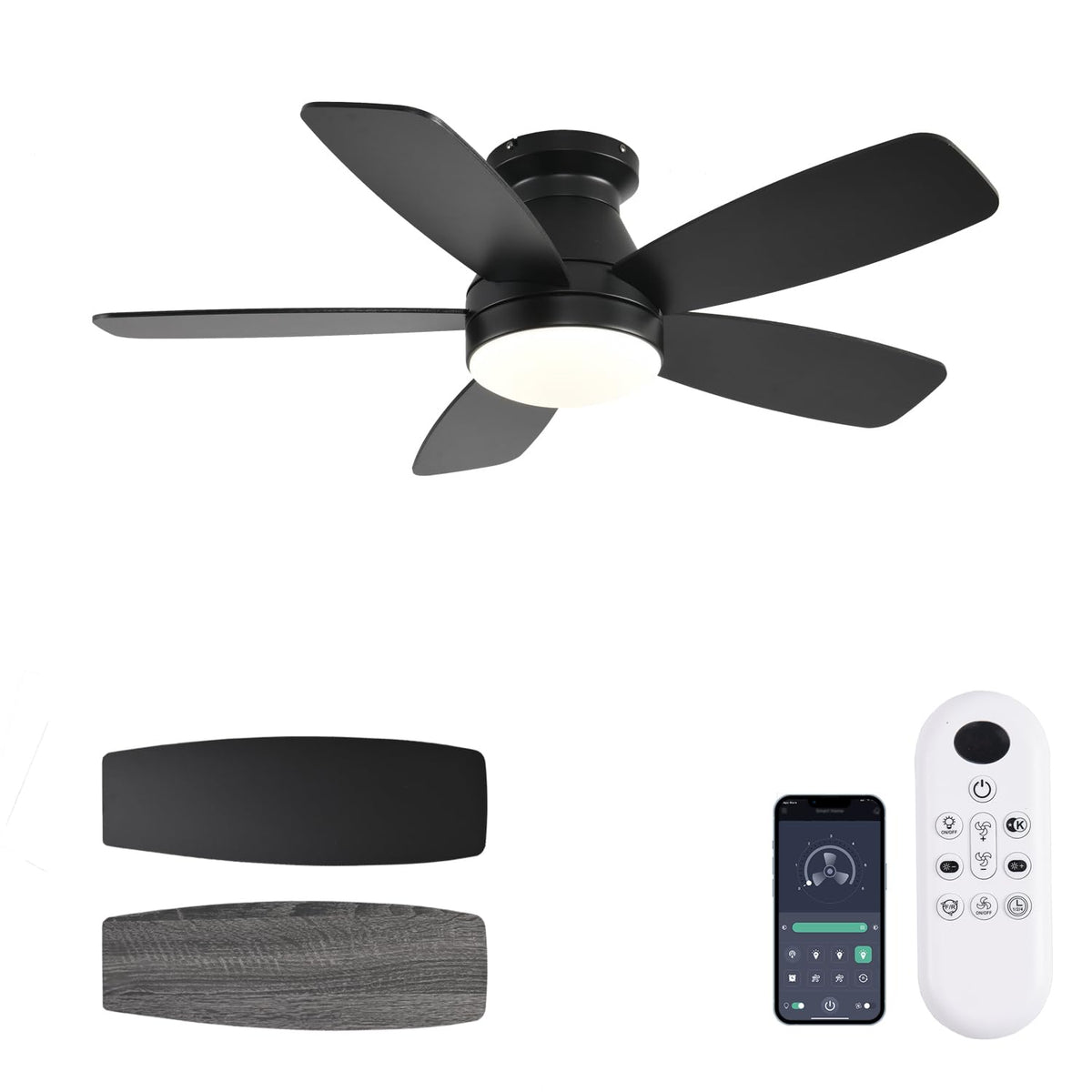 JSAITEE Ceiling Fans with Lights, 42 Inch Low Profile Ceiling Fan with Light and Remote/App Control, Flush Mount, Reversible, 3CCT, Dimmable, Noiseless, Black Ceiling Fan for Indoor/Outdoor Use