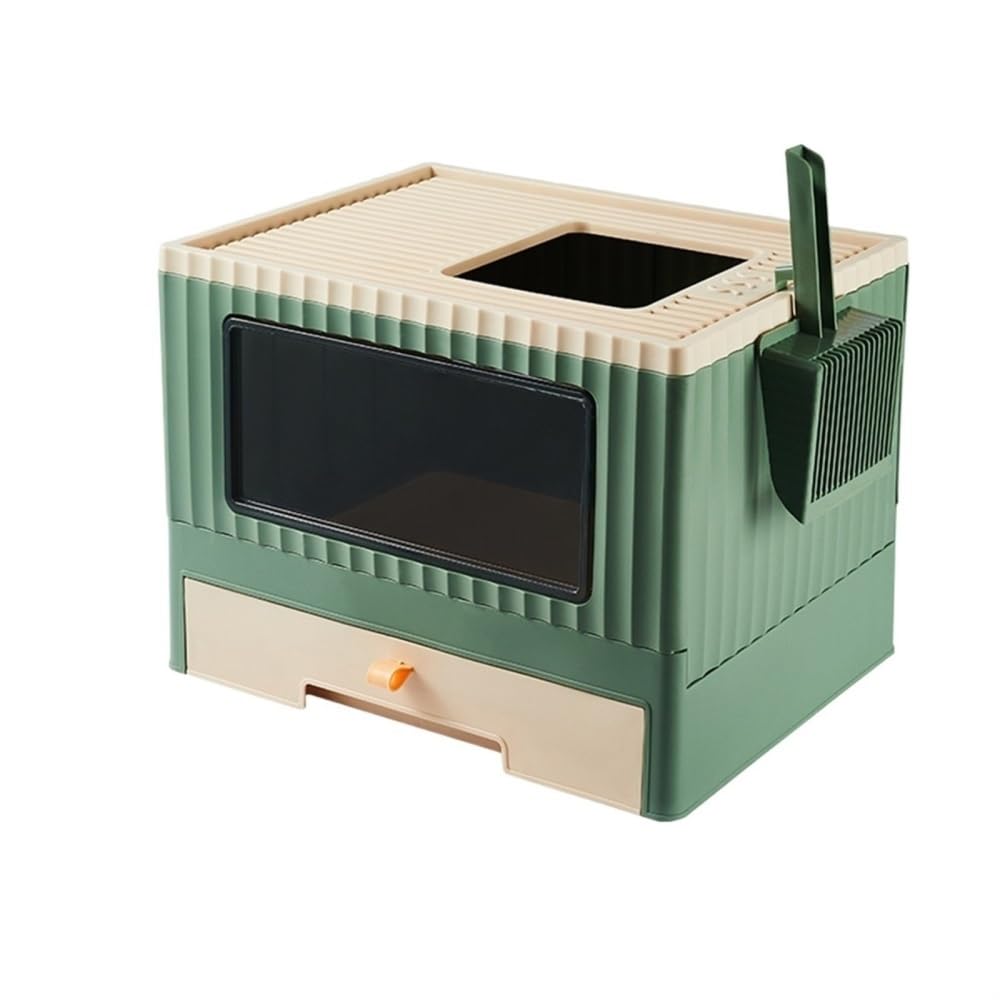 Pet Supplies, Foldable Top Entry Cat Litter Box with Lid, Anti Splashing & Drawer Design(Green)