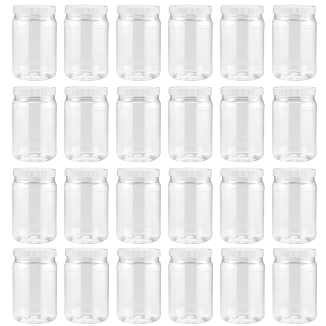 Clear Plastic Mason Jars (18 oz 24 pack) | With Screw-On Airtight Lids | Refillable | No BPA | Perfect for Crafts, Herbs, Slime, Food & Liquids | Made in USA