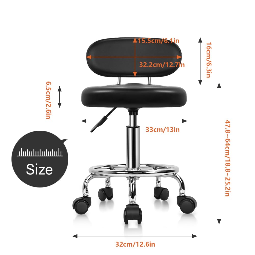 Kktoner Pu Leather Modern Rolling Stool with Low Back Height Adjustable Work Salon Drafting Swivel Task Chair with Footrest (black)