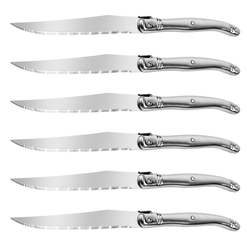Laguiole Style Steak Knives Set of 6, Serrated Stainless Steel Steak Knife Set, Elegant French Design, Dishwasher Safe, Gift Box for Dinner & BBQ (sliver-6)