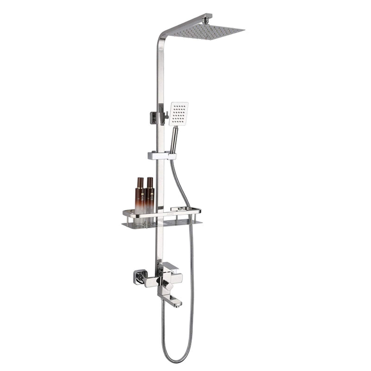 Hotel Shower System Rainfall, Wall Mounted Shower Set Stainless Steel with Overhead Shower Head Shelf, Adjustable Height Shower Mixer Set for Bathroom Gym