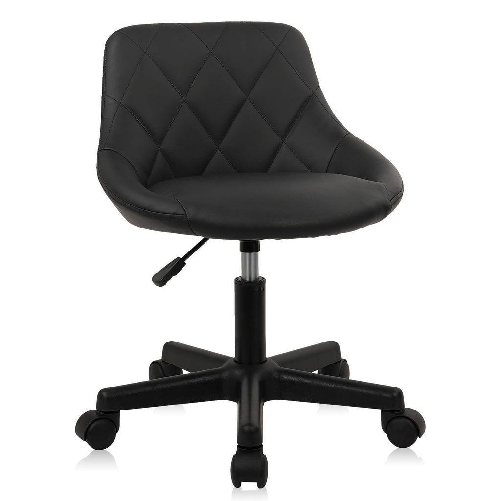Klasika Black Low Back Rolling Stool Pu Leather Vanity Stools, Adjustable Height Ergonomic Swivel Rolling Desk Stool Work Office Swivel Chair,