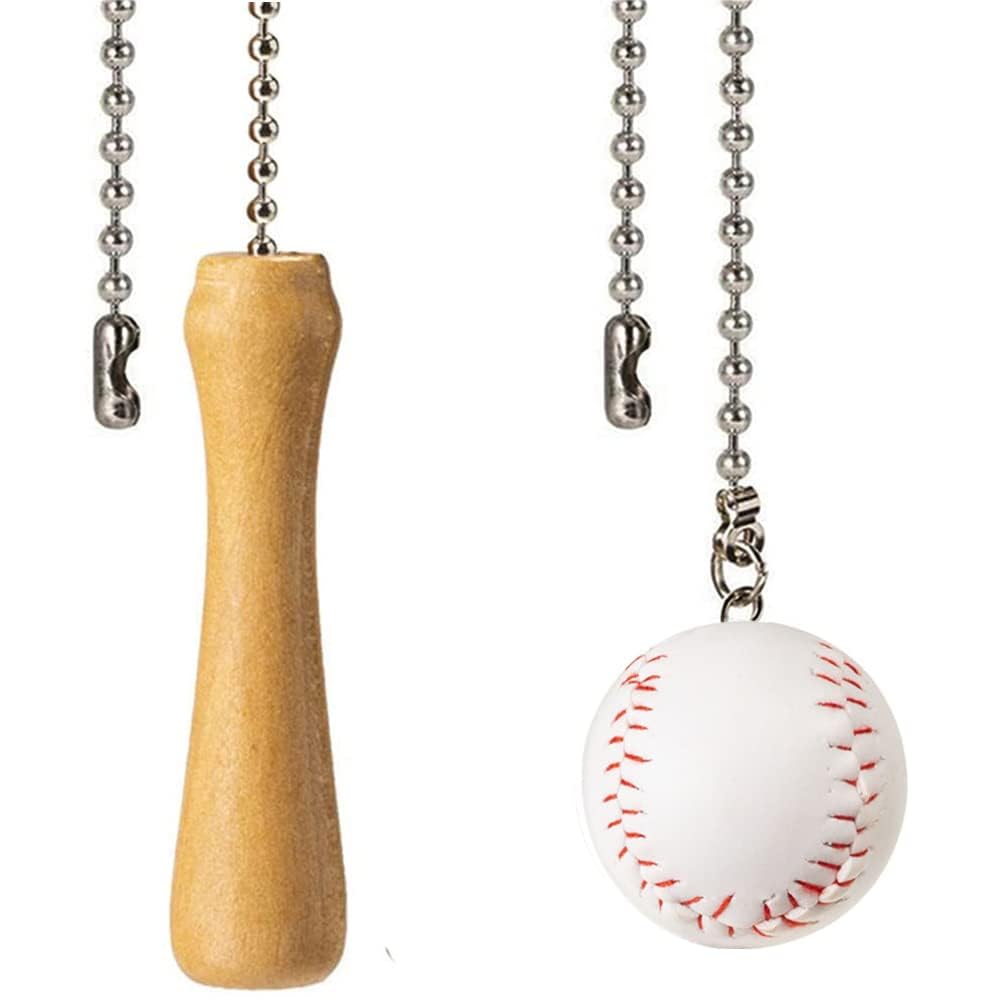 Baseball and Baseball Bats Ceiling Fan Pull Chain Ornaments Extender?with 12" Silver Bead Chain Fan Pulls