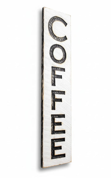 Vertical Coffee Wood Sign 10"x40" – Carved Kitchen Wall Decor – Rustic Coffee Bar Sign – Farmhouse Coffee Station Decor – Handmade in North Carolina – Ready to Hang
