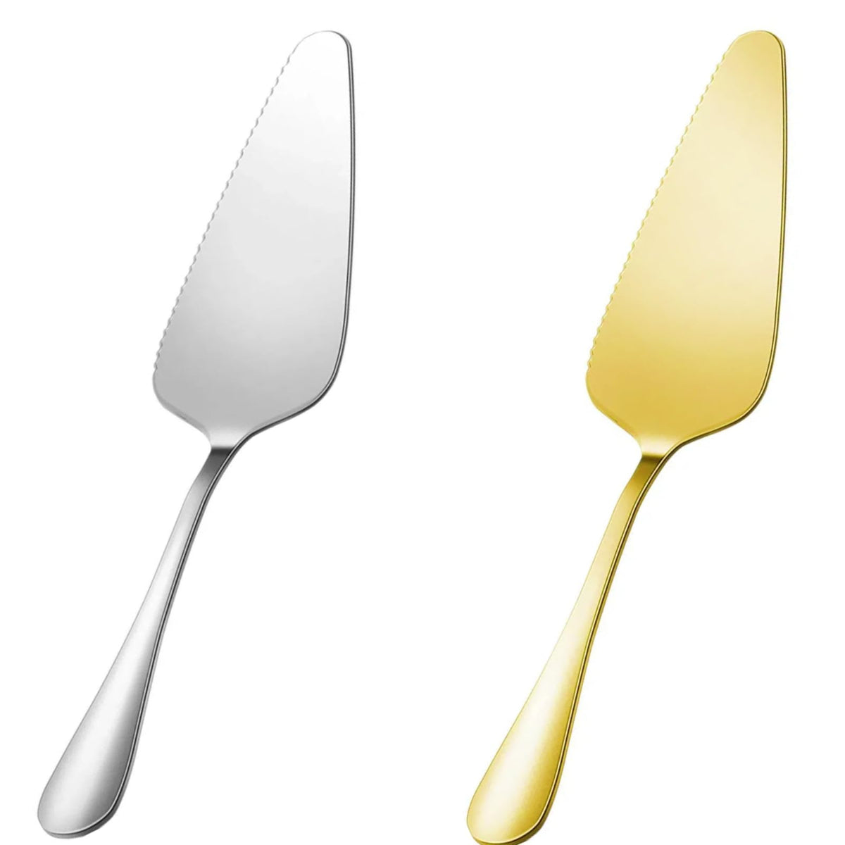 Cake Pie Server Spatula, 2-Pack Stainless Steel Pizza Pastry Cake Slicer Server Set, Cake Cutter with Serrated Edges for Kitchen, Restaurants, Wedding, Birthdays and Parties(Silver & Gold)