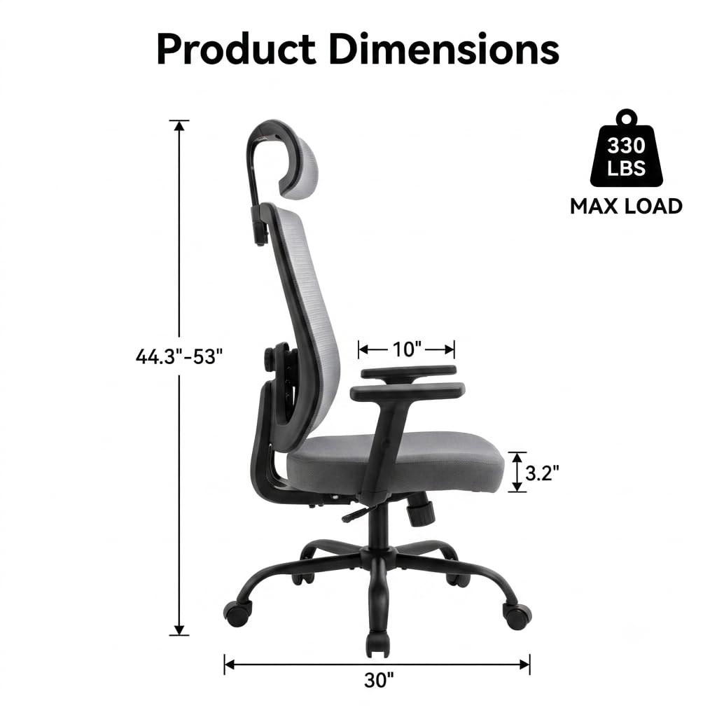 Ergonomic Office Chair, 330lbs Computer Chairs High Back with Adjustable Lumbar Support, Breathable Mesh Desk Chair Ergonomic with Thickened