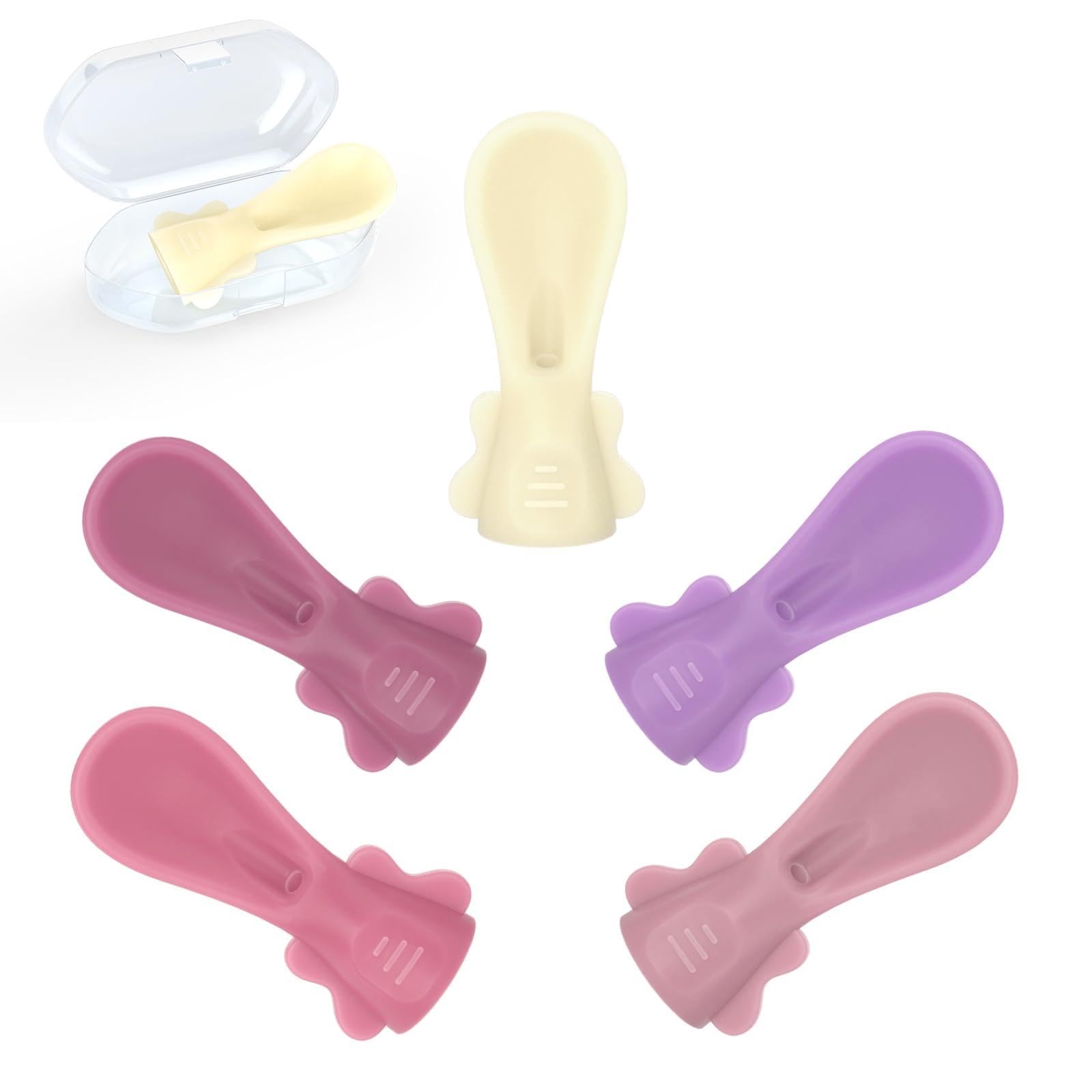 Baby Food Pouch Spoon Attachment (5-Pack, Blossom) – Designed for Small Mouths & Stage 1 Weaning – Ultra-Soft Silicone Feeder for Sensitive Gums – Universal Fit Pouch Topper with Travel Cases