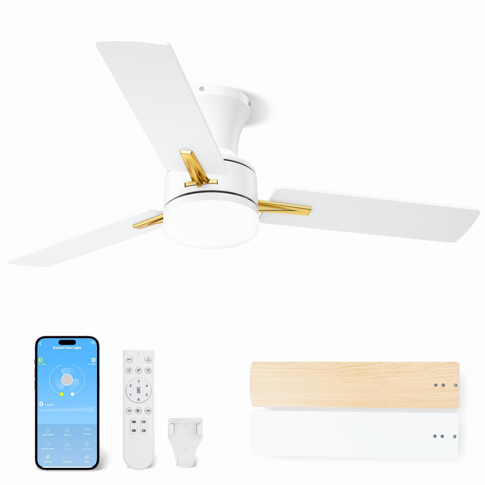LANMEL 42 Inch Flush Mount Ceiling Fan with Light, App&Remote Control, Low Profile Modern Ceiling Fan, 6 Speed, Reversible, 3000k-6500k Dimmable LED, Quiet DC Motor for Indoor Outdoor, Gold White