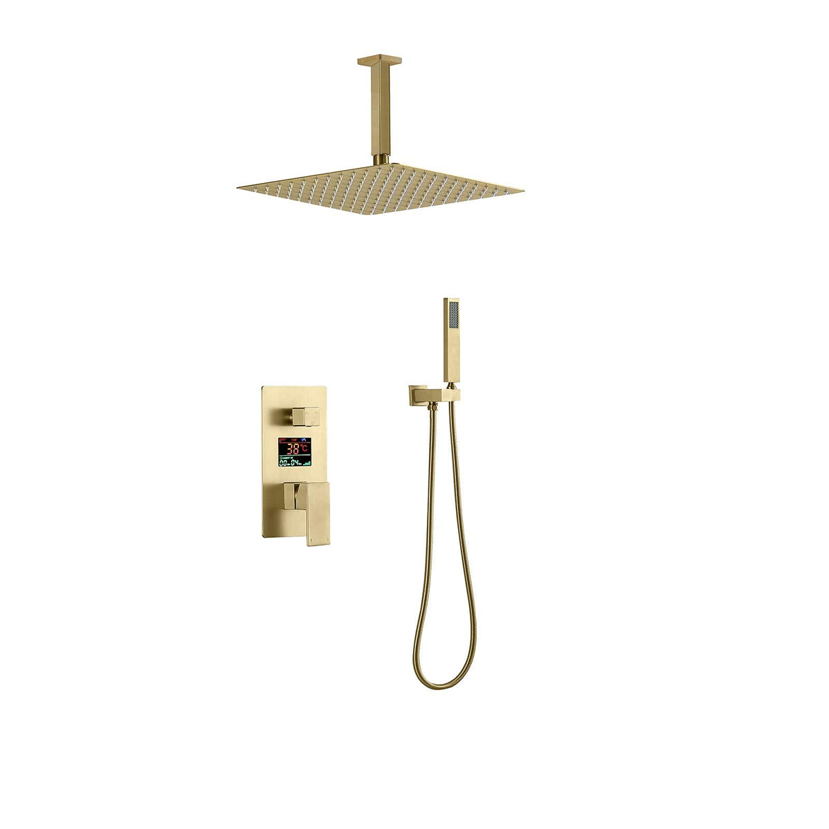 Digital Display Shower Combo Set Ceiling Mounted Bathroom Shower Faucet Set with Stainless Steel Shower Head, Handheld Shower, Embedded Box,Brushed Gold,8 Inches