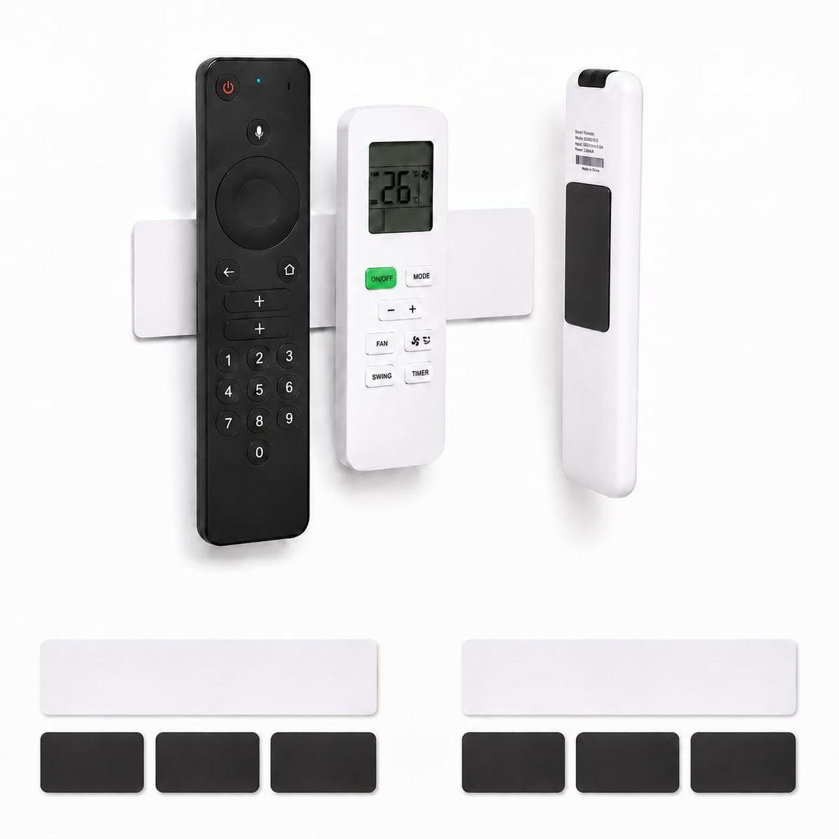 Magnetic Remote Control Holder Kit, Self-Adhesive Wall Mount Organizer for TV & AC Remotes, Flexible Magnetic Strip with Metal Plate, No-Drill, Fits Flat & Curved Surfaces (3 Pack, 3-in-1)