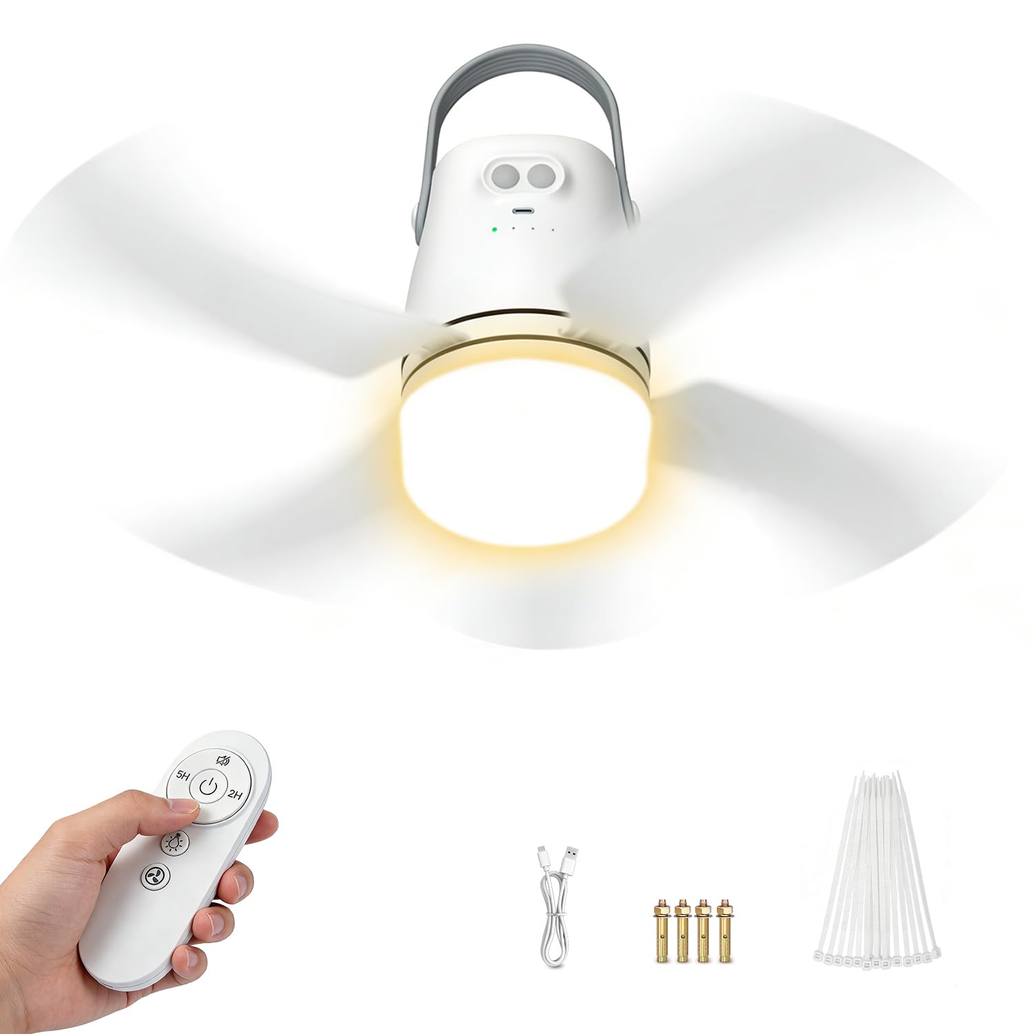 Portable Camping Fan Light, 20” 20000mAh Rechargeable Ceiling Fan with Light & Remote for Outside, Gazebo, Greenhouse, Patio, Chicken Coop, Canopy, Shed, RV, Tent - White, 4 Speed Breeze & Timer