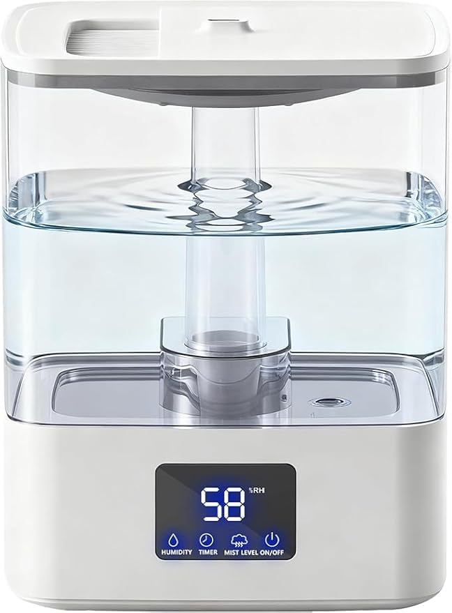 KZF 4L Top Fill Cool Mist Humidifier for Bedroom with 15H Runtime, 3 Mist Levels, 8H Timer, Essential Oil Tray, Humidity Display, Quiet Operation for Baby, Plants, Large Room