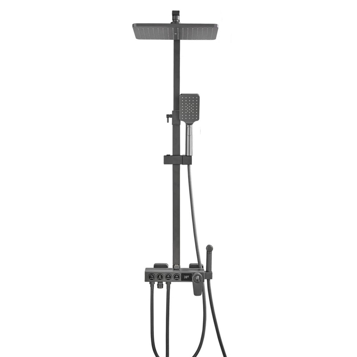 Gray Shower Faucet Set Bathroom Thermostatic Digital Display Shower System Wall Mounted Brass Shower Fixtures with Rain Shower Head and 3-Setting Hand Shower
