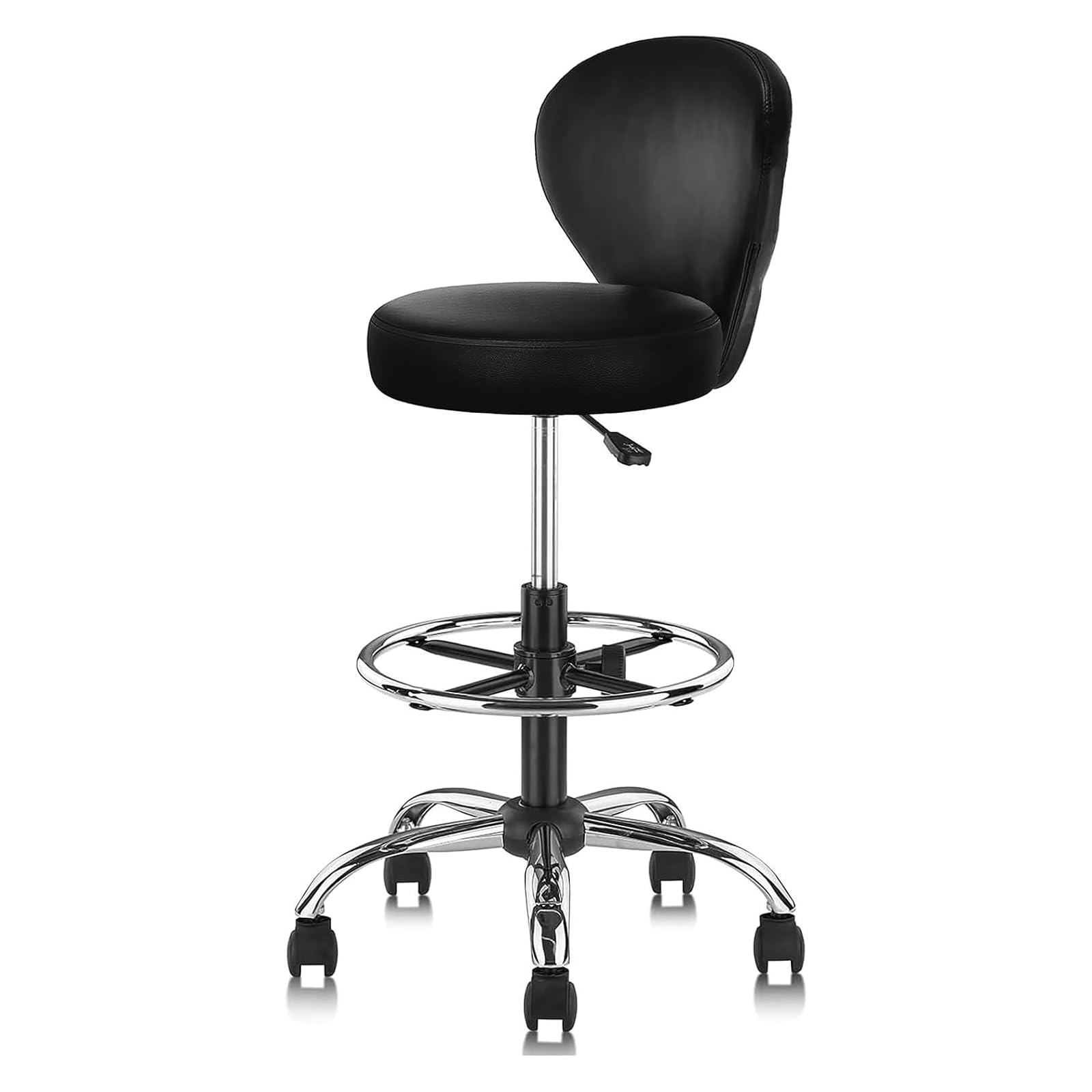 Klasika Black Pvc Faux Leather Drafting Chair Rolling Swivel Salon Stool Seat Adjustable Height 36 Inch with Back Support Foot Rest Hydraulic