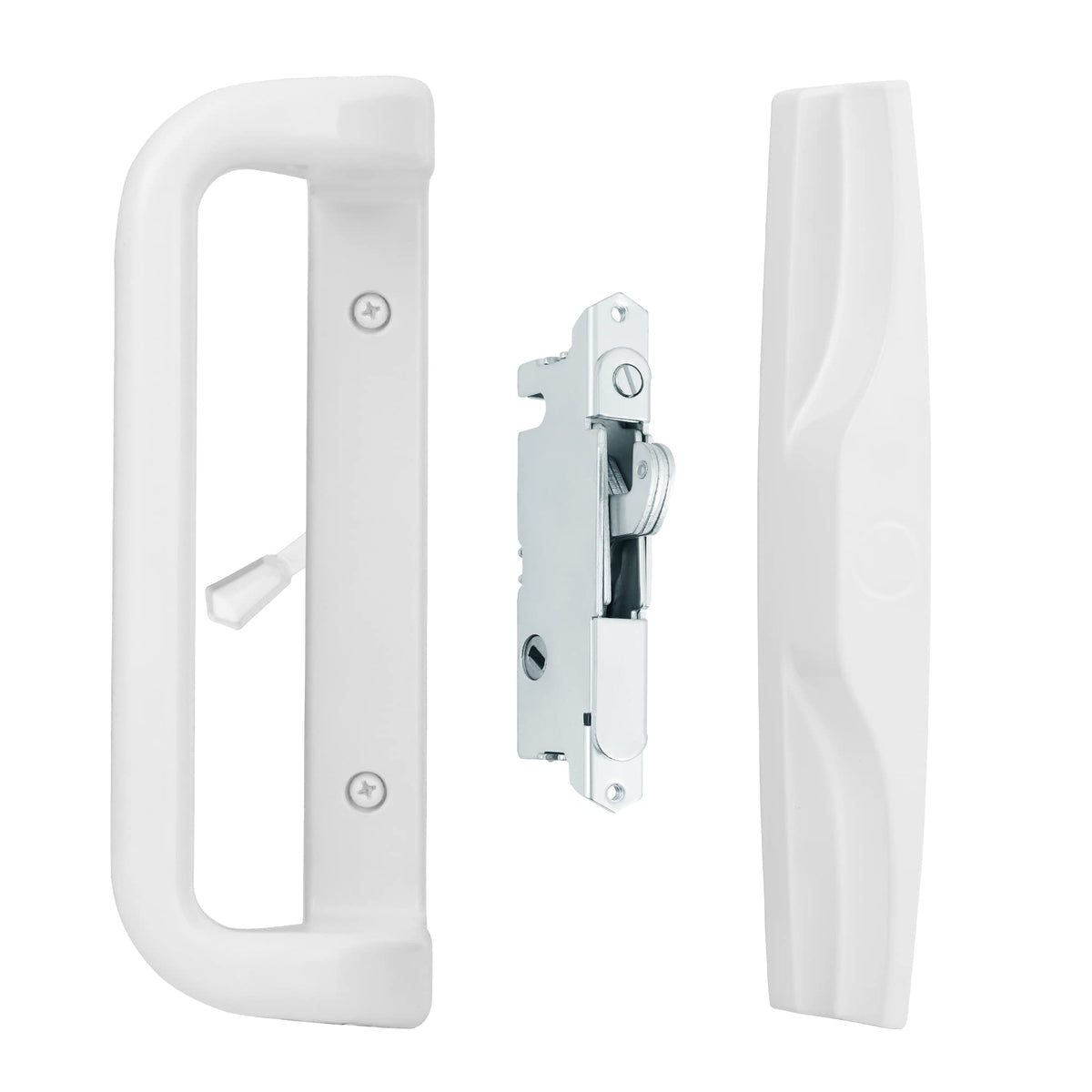 House Guard Sliding Patio Door Handle Set, Mortise Lock, 3-15/16", White | Fits 1-1/4" to 2" thick sliding glass doors; reversible design. Key cylinder not included.