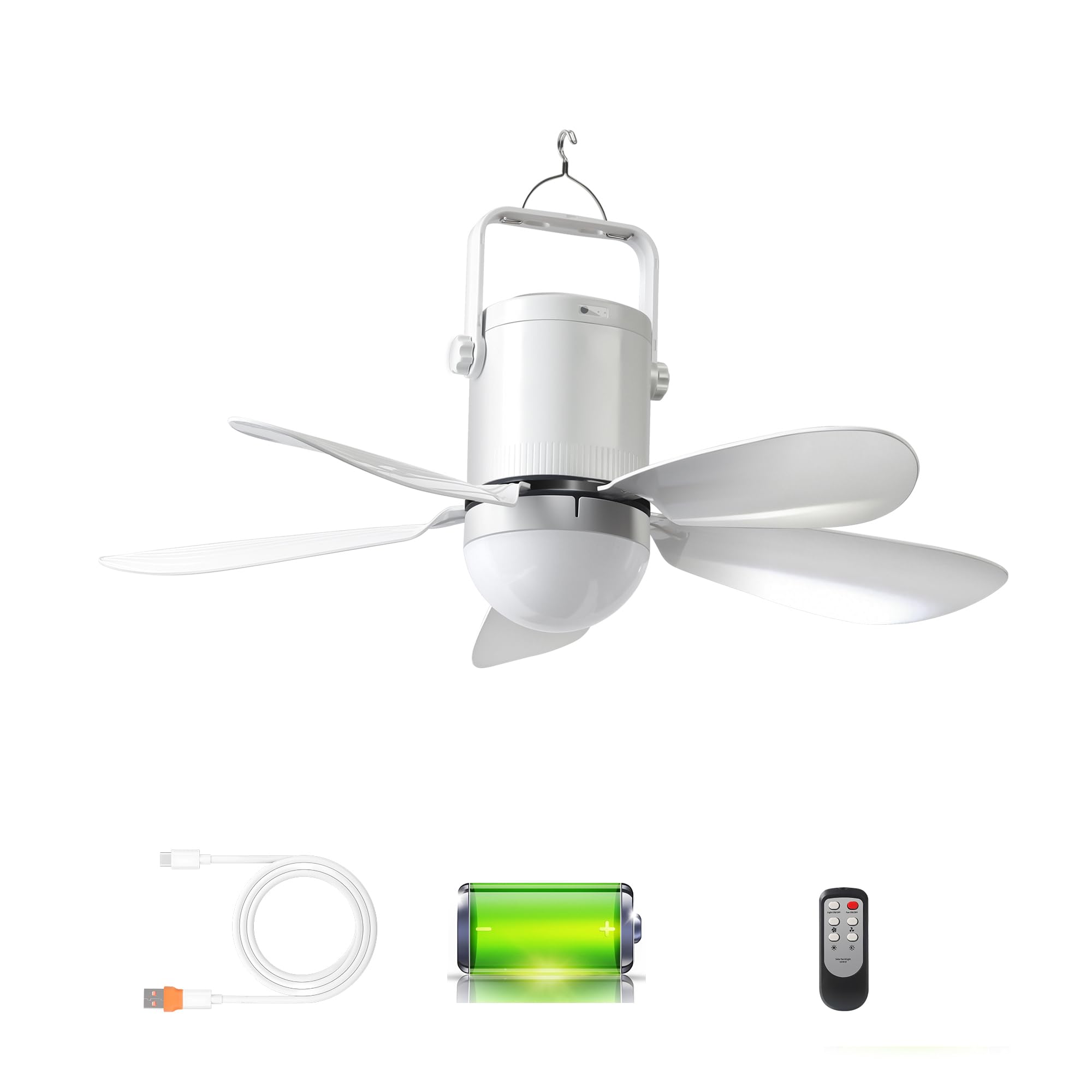 HZZ 17''Ceiling Fan Light, USB-C Fast Charge, DC Brushless Quiet Fan, RF Remote, Battery Operated Camping Fan, for Outdoor Gazebo Patio Greenhouse Canopy Tent Garage RV Emergency Use
