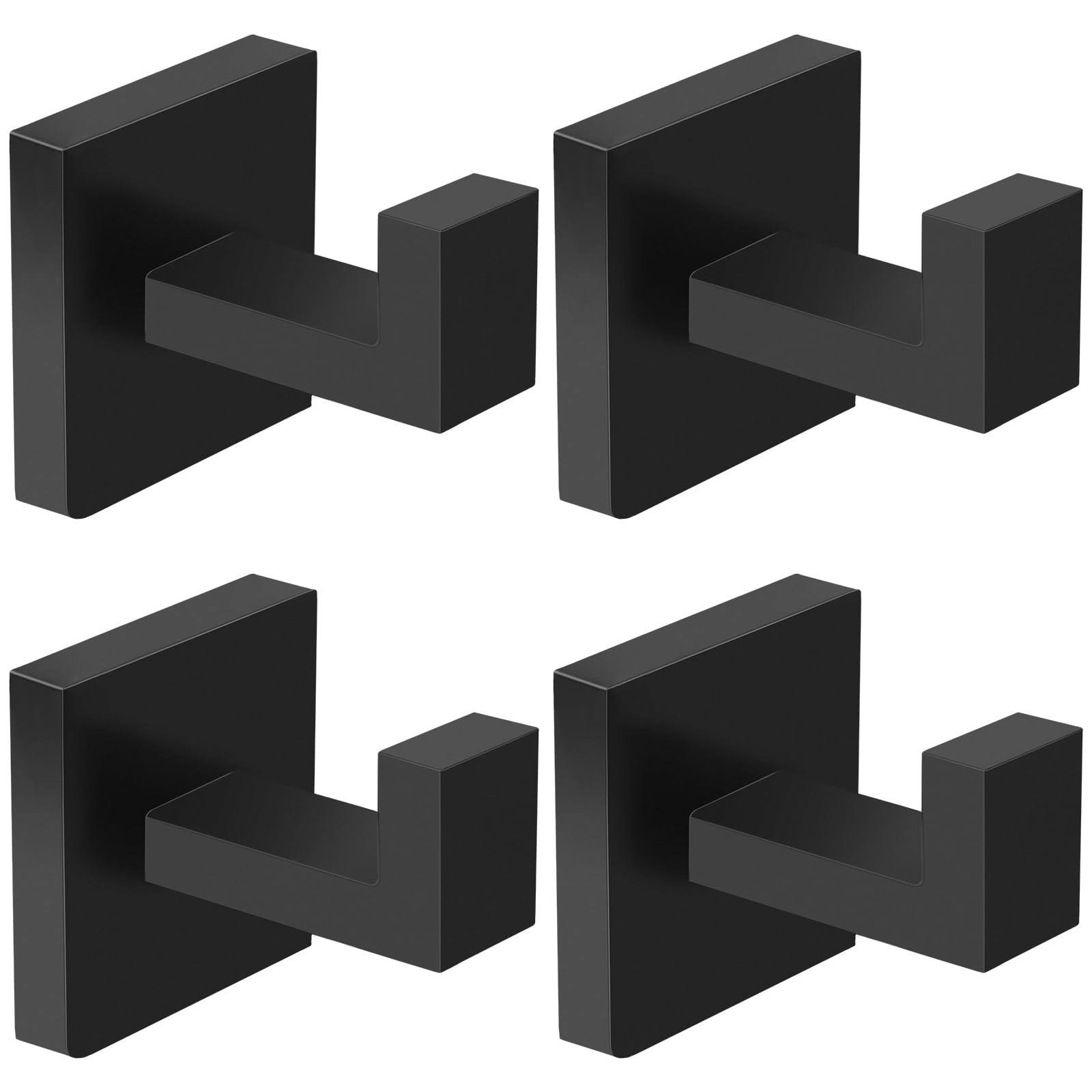 IBosins 4 Pack Towel Hooks Hand Towel Holder for Bathroom Wall Livingroom Bedroom Kitchen Closet Heavy Duty Stainless Steel Hook Hanger for Robe, Bath Towel, Coat (Square Matte Black)