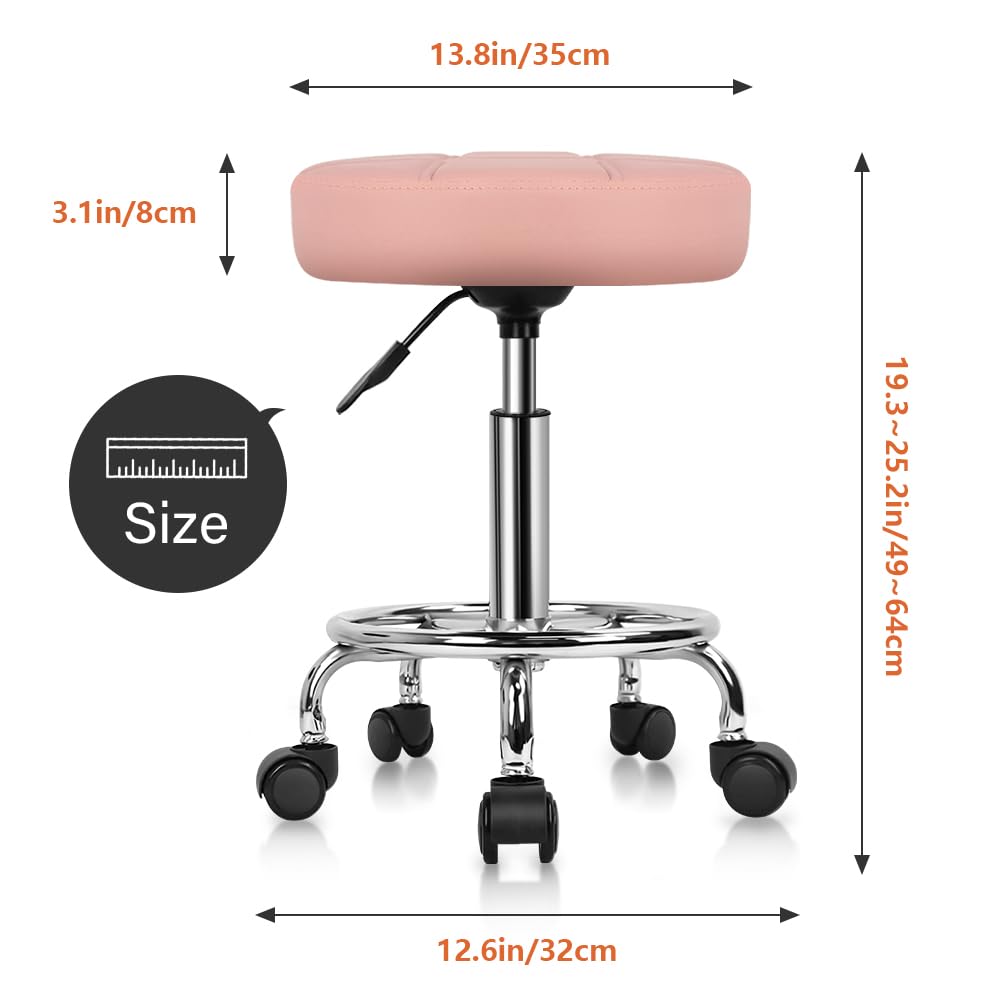 Kktoner Round Rolling Stool Chair Pu Leather Height Adjustable Swivel Drafting Work Spa Shop Salon Stools with Wheels Office Chair Small (pink)
