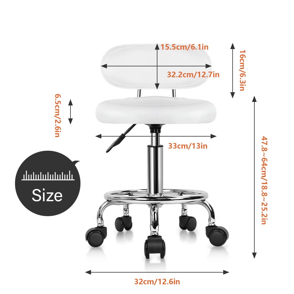 Kktoner Pu Leather Modern Rolling Stool with Low Back Height Adjustable Work Salon Drafting Swivel Task Chair with Footrest (white)