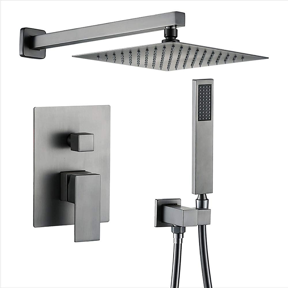 Rain Brushed Gray Rain Mixer Shower Combo Set Wall Mounted Bathroom Shower Faucet Set with Square Shower Head, Handheld Shower, Embedded Box