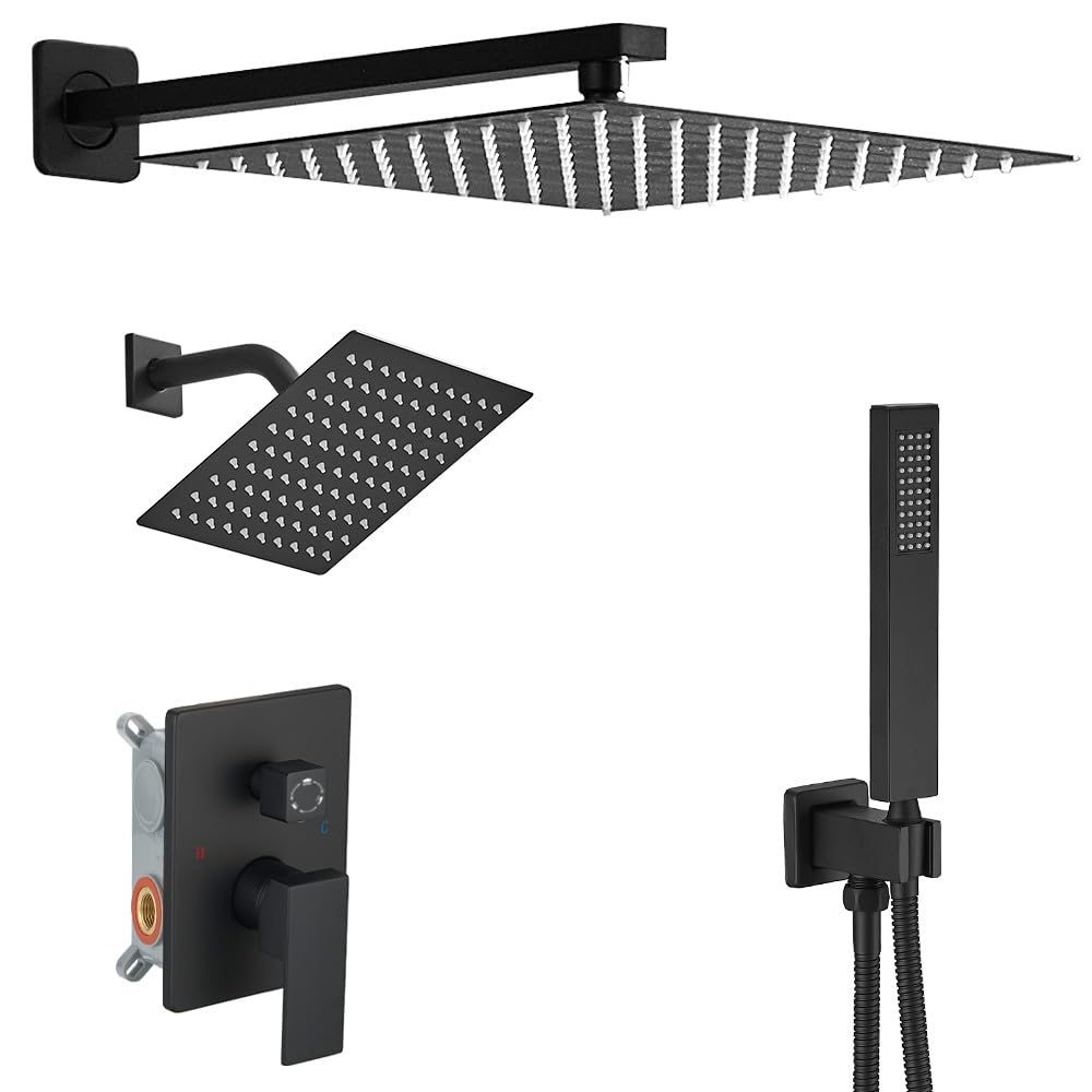 Shower Faucet Set Matte Black Shower System, Knob Switch Diverter Shower Faucet with High Pressure Handheld Spray, Wall Mount 12 Inch Shower Head with 6 Inch Wall Mount Shower Head