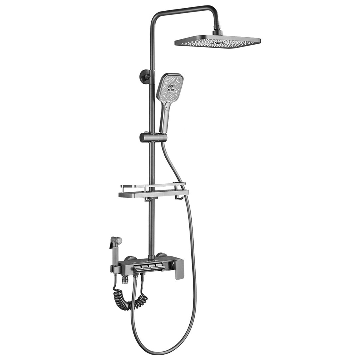 Shower Fixtures Gray Digital Display Shower System with 360° Swivel Tub Spout, Bathroom Shower Faucet Set with Adjustable Rain Shower Head and 3 Function Hand Shower