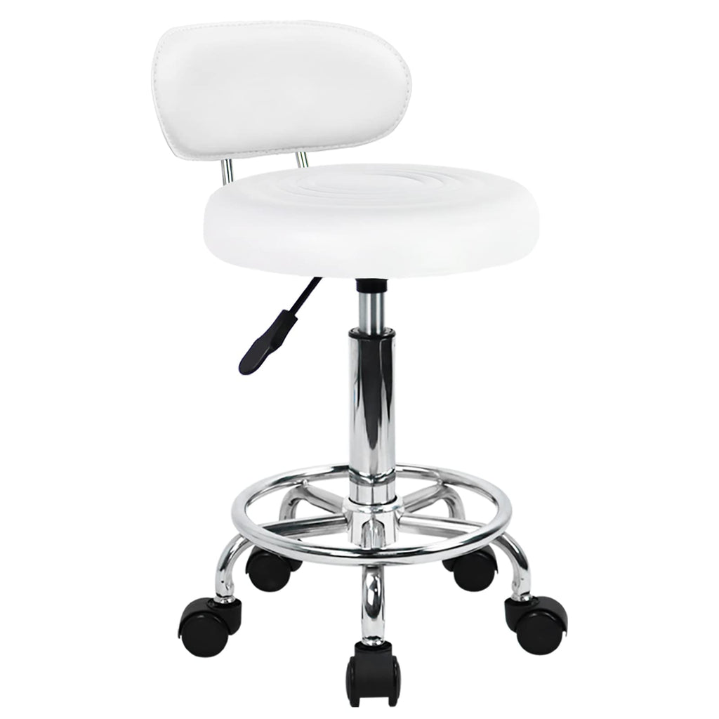 Kktoner Pu Leather Modern Rolling Stool with Low Back Height Adjustable Work Salon Drafting Swivel Task Chair with Footrest (white)